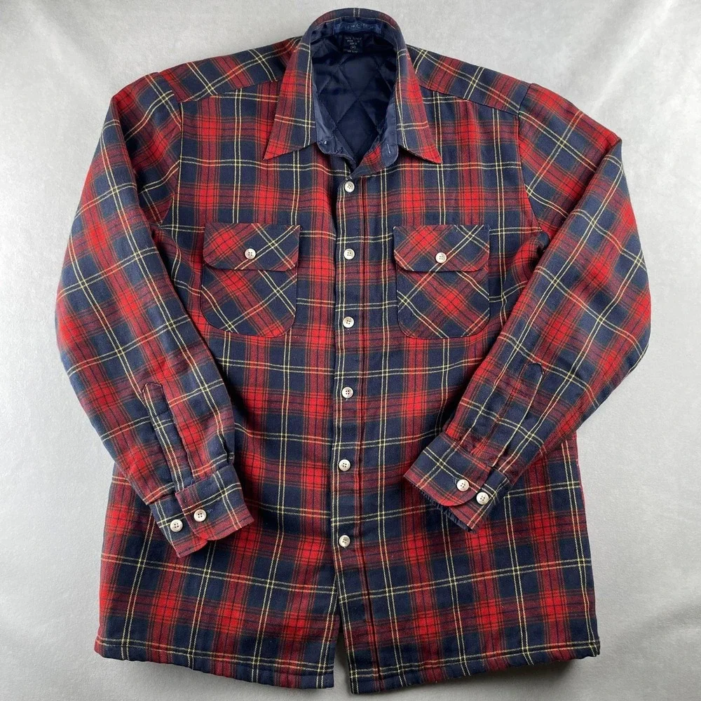 Vintage Tarleton Jacket Mens M Red‎ Navy Plaid Flannel Quilted Lined Padded 90s